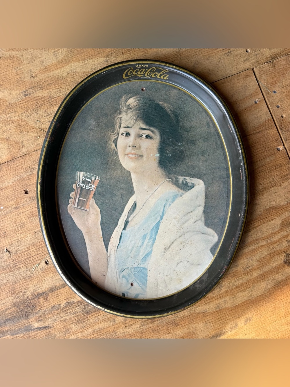 Coca Cola Black & Blue Oval Advertising Tray with Woman Illustration